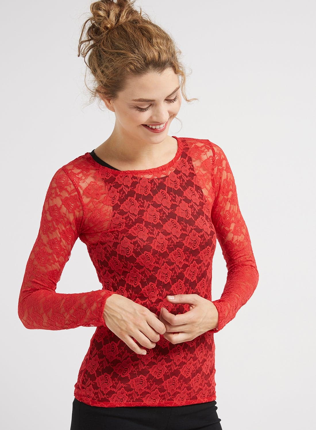 Long Sleeve Stretch Lace Blouse Red
