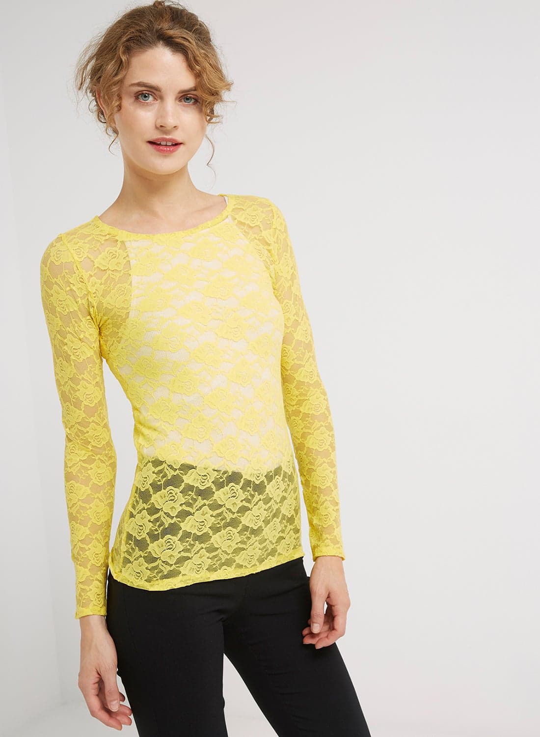 Long Sleeve Stretch Lace Blouse Yellow