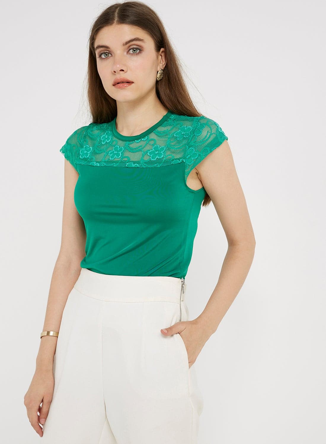 Crew Neck Lace Yoke Top Green