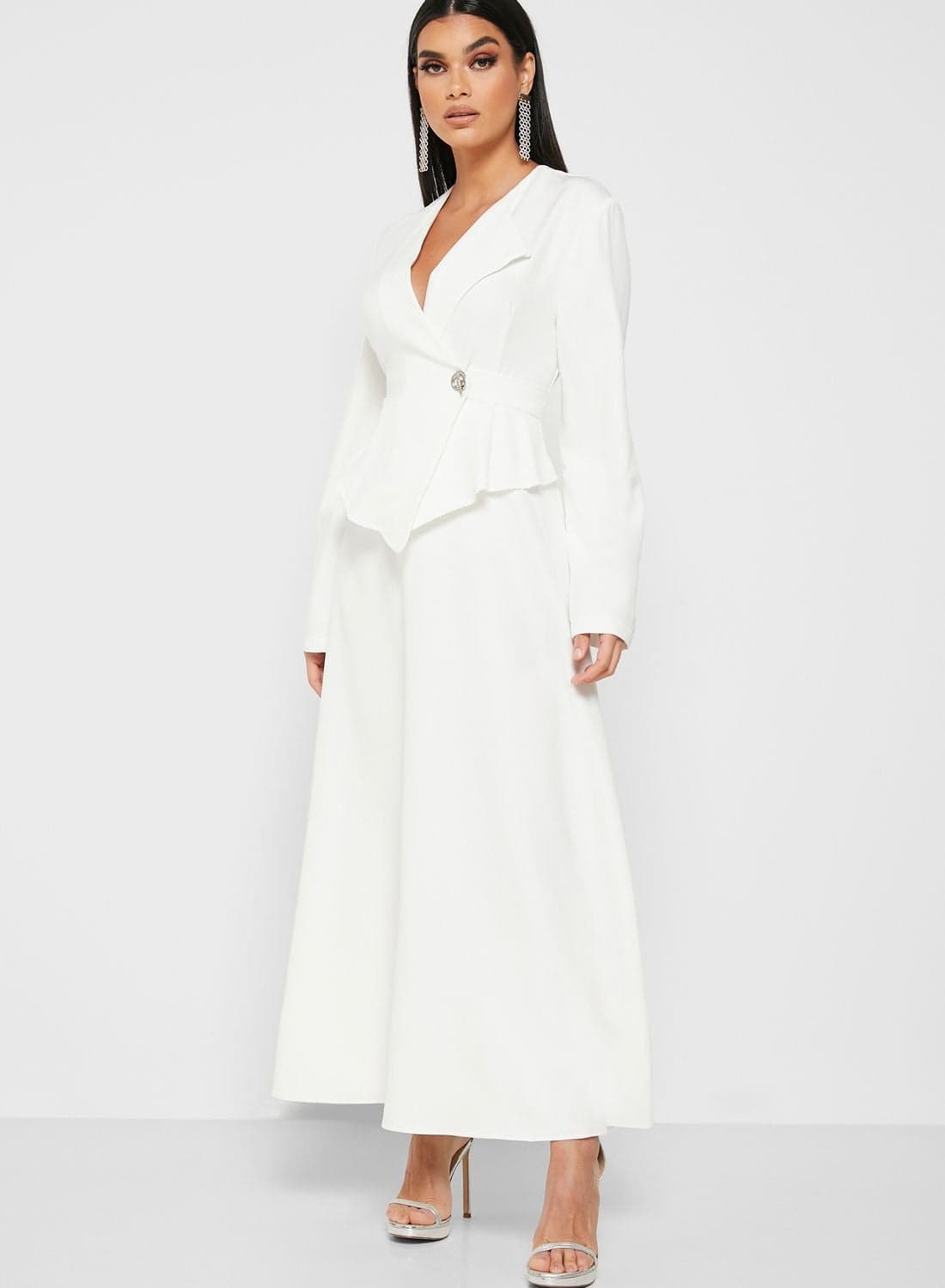 Wrap Front Peplum Maxi Dress White