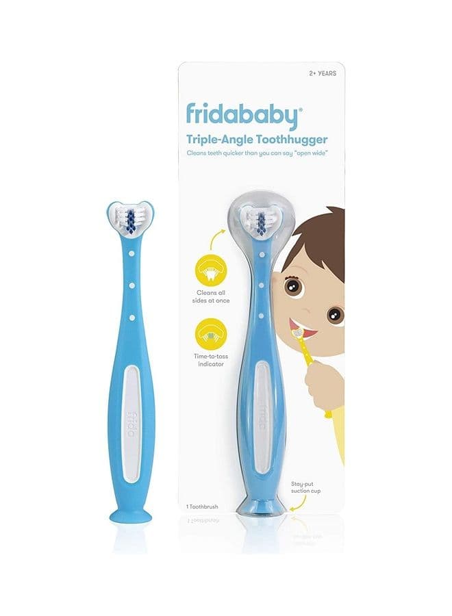 Triple-Angle Toothhugger Training Toothbrush – Toddler Oral Care, Soft Bristles, 3-Sided Cleaning, Easy Grip, Suction Base, Blue Bristles Fade for Replacement Reminder