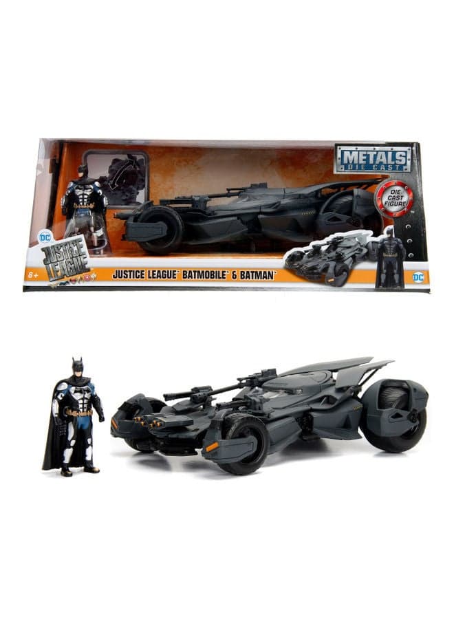Batman Justice League Batmobile Die-Cast Collectible Model Car with Opening Doors, Freewheel Vehicle, 1:24 Scale, Black 11.43cm 11.43cm