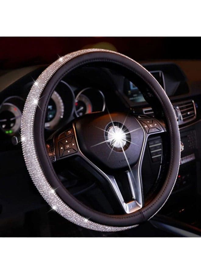 Car Steering Wheel PU Leather Non Slip Crystal Sparkled Diamond Cover Bling Medium Size Black