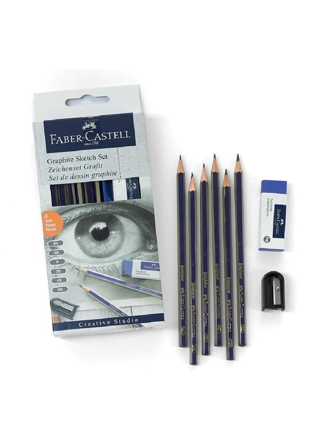8-Piece Graphite Sketch Set ( 6 Pencil + 1 Sharpener + 1 Eraser ) Grey/White/Black