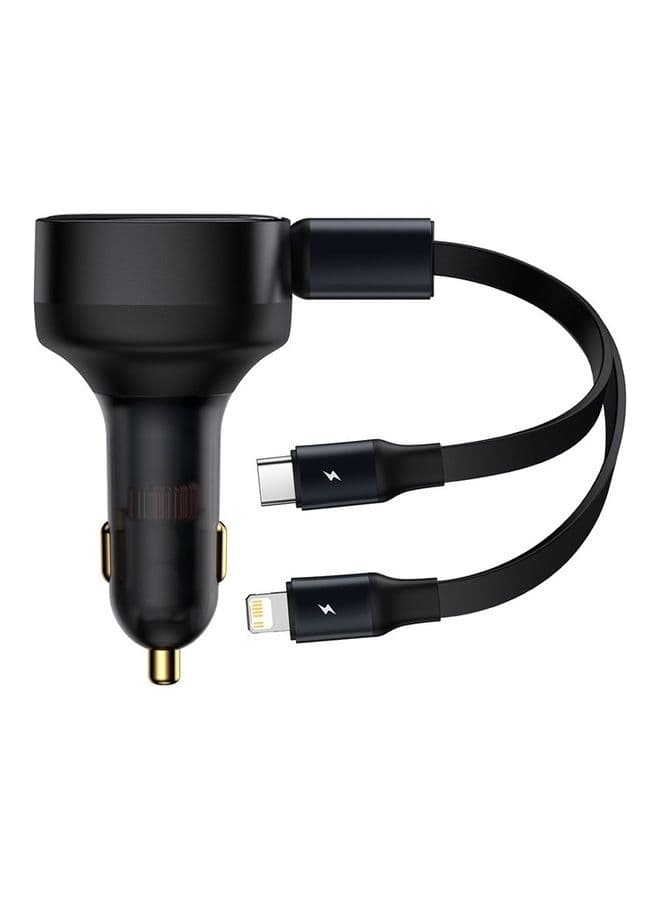 Car Charger 30W Fast Charging Retractable Type-C and Lightning Cable Quick Mobile Phone Charger for iPhone 14/14Pro Max/13/12/11 Series Samsung , Huawei, Xiaomi and many more Black