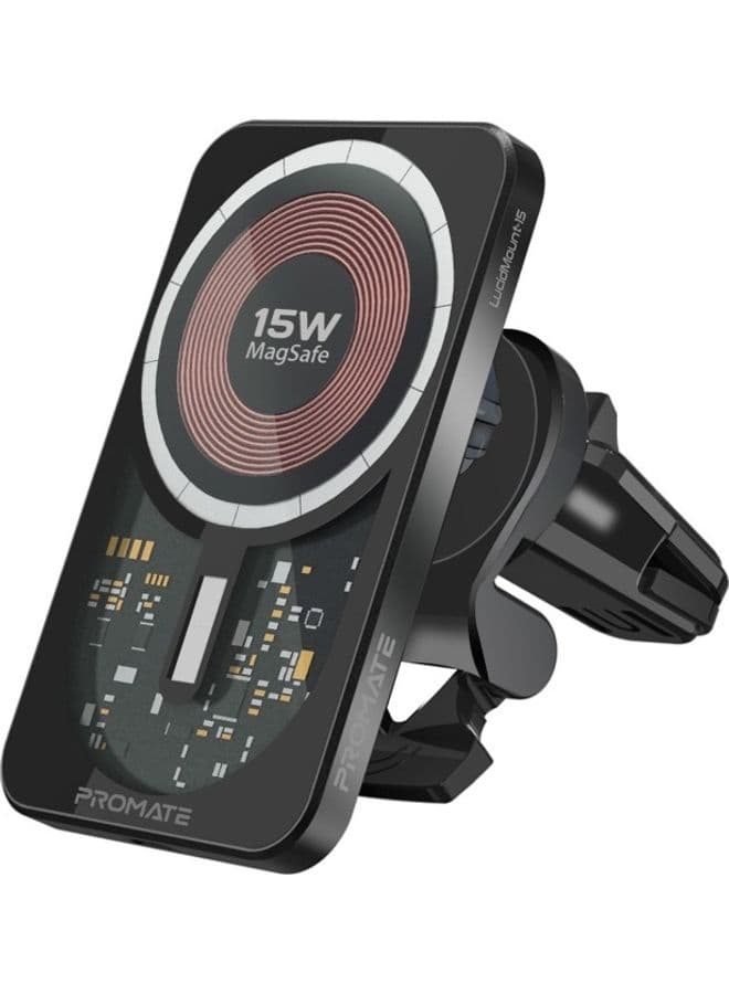 15W Car Wireless Charger, Premium Transparent MagSafe Car Charger Mount with 360° Rotatable Design, Dual Mounting Options, Strong Magnetic Hold and Qi Charging for iPhone 17/17 Pro Max, Samsung S26 Ultra & Smartphones, LucidMount-15 Black