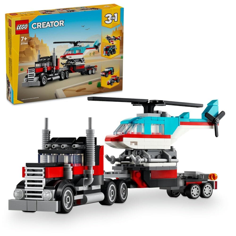 LEGO Creator 3in1 Flatbed Truck with Helicopter 31146 | Flatbed Truck to Propeller Plane to Hot Rod, Vehicle Toys, Gift for 7+ Year Old Boys & Girls, 270 Pieces