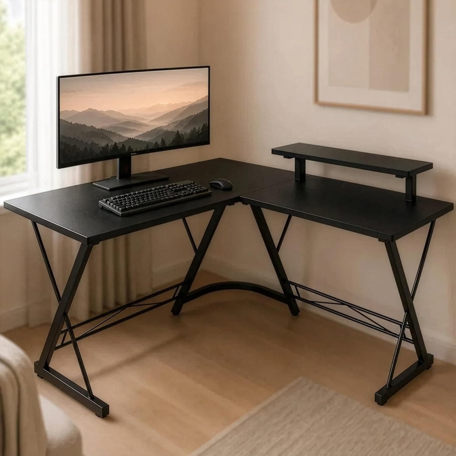 L Shaped Gaming Table Double Corner Desk with Durable Wood Surface Scratch and Water Resistant Spacious Computer Desk for Gaming and Working with Sturdy Metal Structure with Adjustable Monitor Stand