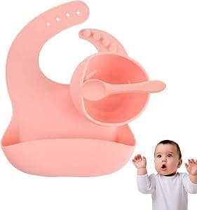 Joyzzz Silicone Baby Feeding Set, 3 Pcs BPA Free Suction Bowl with Adjustable Bib and Soft Spoon, Toddler Self Eating Essentials, Infant Weaning Tableware for 6-60 Months and Dishwasher Safe