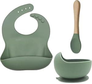 Joyzzz Baby Feeding Set, 3-Piece Silicone Suction Bowl with Bib and Spoon, BPA-Free Self Feeding Supplies, Toddler Weaning Essentials for 6-12 Months, Soft Unbreakable Design and Easy Clean