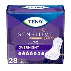 Tena Incontinence Pads, Bladder Control & Postpartum for Women, Overnight Absorbency, Sensitive Care, 28 Count (28 Count), White