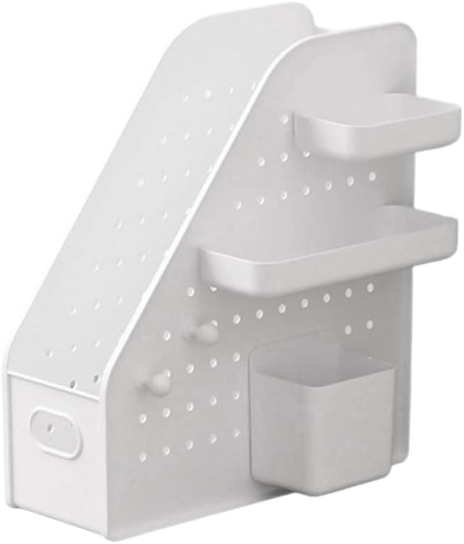 Desk Organizer Storage Box with Pegboard Pen Cup, Space-Saving Bookend Document Stand, Compartments + Slide Drawer for Home Office School Supplies, White