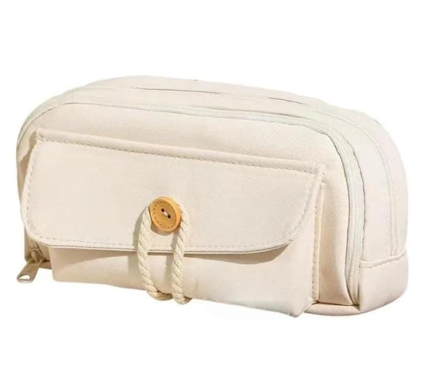Simple Style Cotton Rope Pencil Case, Multi-Layer Pen Pouch Organizer with Zipper and Front Pocket, Aesthetic Minimalist Fabric Pencil Holder Bag, Large Capacity, Beige