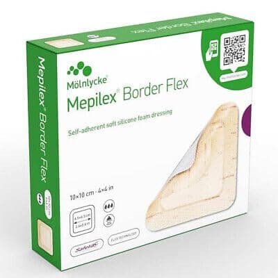 Mölnlycke Mepilex Border Flex 10 × 10 cm – Polyurethane Foam Dressings with Safetac Technology – Pack of 5 Sterile Pieces (Company Code 595300)