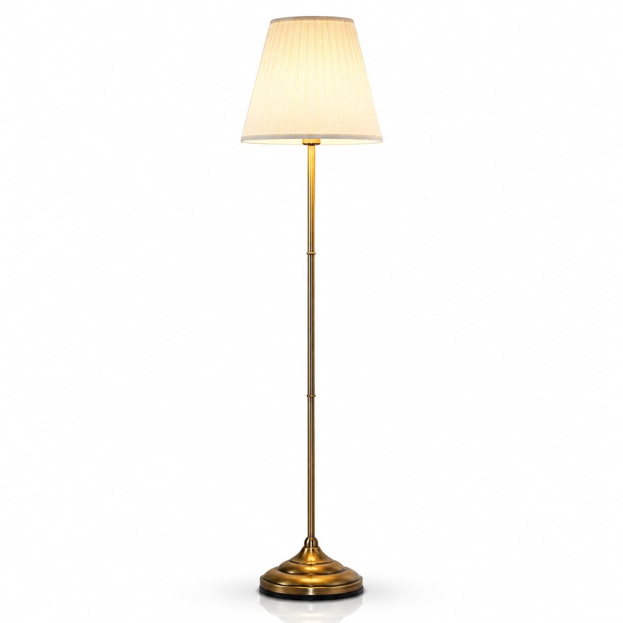 Floor Lamp Brass Base Gold Metal Column White Fabric Cover Pleated Classic Design Living Room Lighting