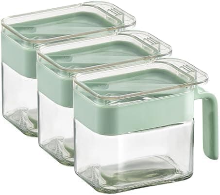 Yelajoy 3 PCS Condiment Jar Spice Container, Sugar and salt container set,Glass Seasoning Box with Spoon Dustproof Lid and Handle,for Kitchen, Counter,Food Storage,10oz (green)