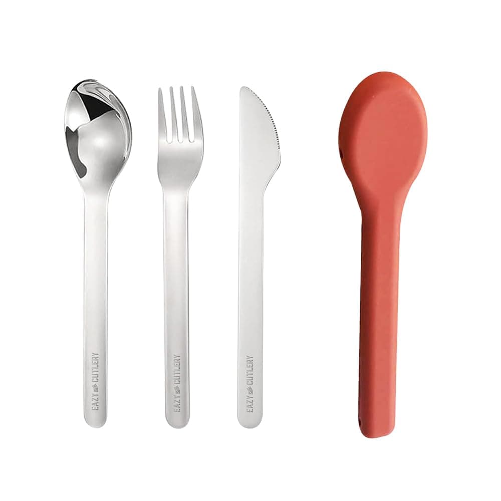 Eazy Kids Portable Travel Cutlery Set - Stainless Steel Spoon, Fork & Knife With Silicone Case (Pink)