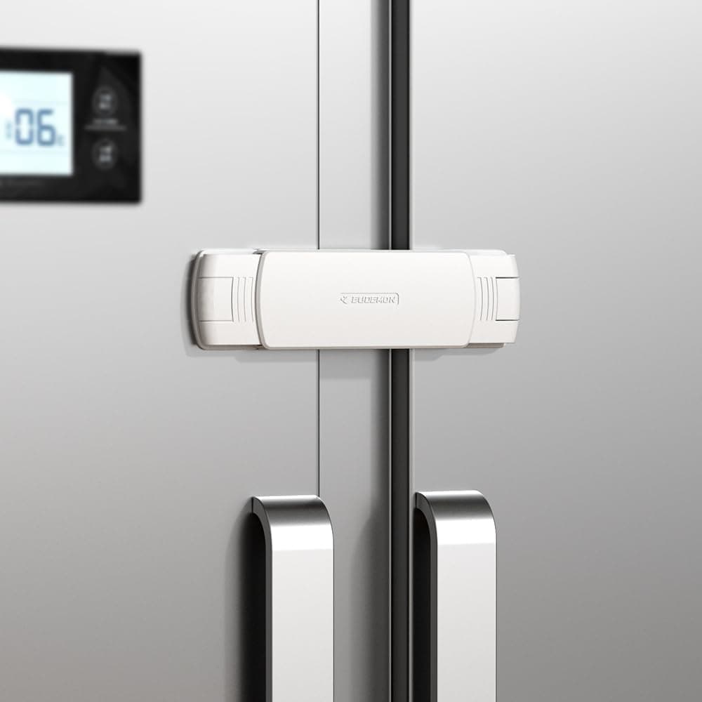 EUDEMON 1 Pack Latest French Fridge Lock French Door Refrigerator/Freezer Lock Apply to Max 3.54"(90mm) Two Door Gap Distance for Kids & Babies,Easy to install no Tools Need or Drill (White)
