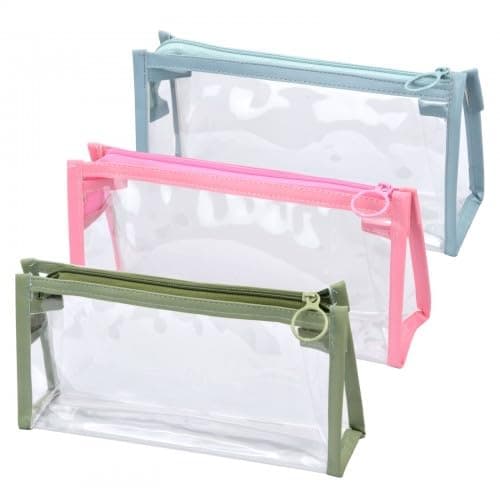 3 Pcs Clear PVC Pencil Case Set, Waterproof Zipper Pouches in Pink Green Blue, Transparent Morandi Stationery Bag, Multipurpose Cosmetic and Storage Organizer, 22x10x11cm
