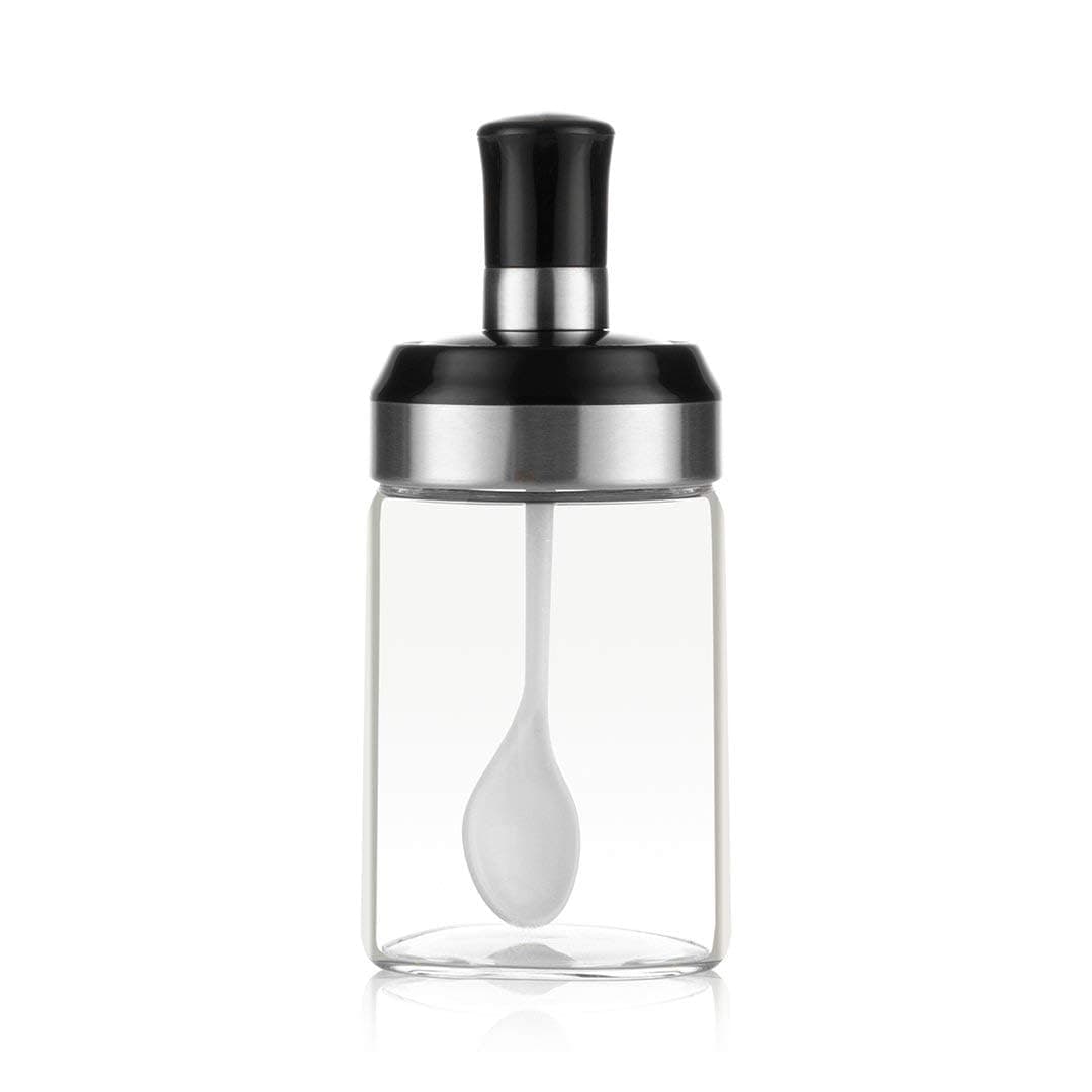 NALACAL Sauce Jar Sugar Container Glass Jar Combination Spoon with Lid Canisters Storing Seasoning Spices Salt Sugar for Kitchen Counter Food Storage with Decorative Sticker 9.7oz / 280ml