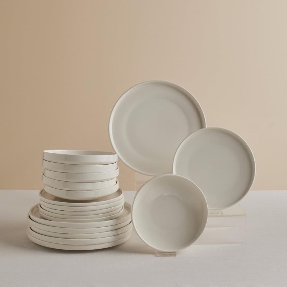 Karaca Stream Bone China Felix XL - 18 Piece Dinner Plate Set for 6 People, Dishwasher Safe Dinner Sets, White Plates and Bowls Set, Microwave Safe Modern Crockery & Dinnerware