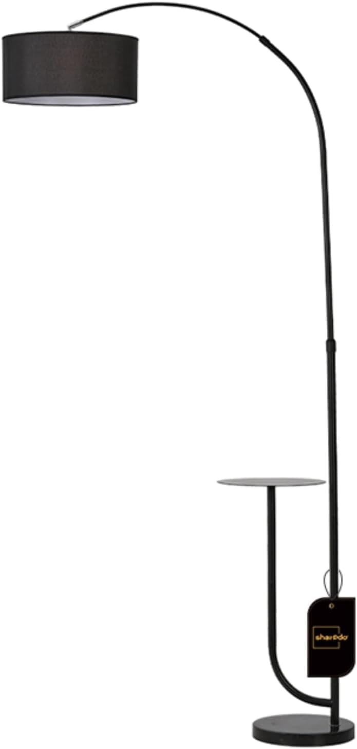 Curved Arm Floor Lamp, Black, with Side Table, 360° Rotatable, Height Adjustable 150-180cm, Lampshade 34cm