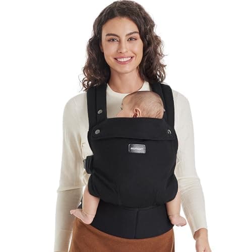 Momcozy PureHug Baby Carrier - Ergonomic, Cozy and Lightweight for 7-45 lbs | Easy to Put On, IHDI Hip-Healthy, 3D EVA Lumbar Support, X-Straps for Even Weight Distribution, 100% Cotton, Black