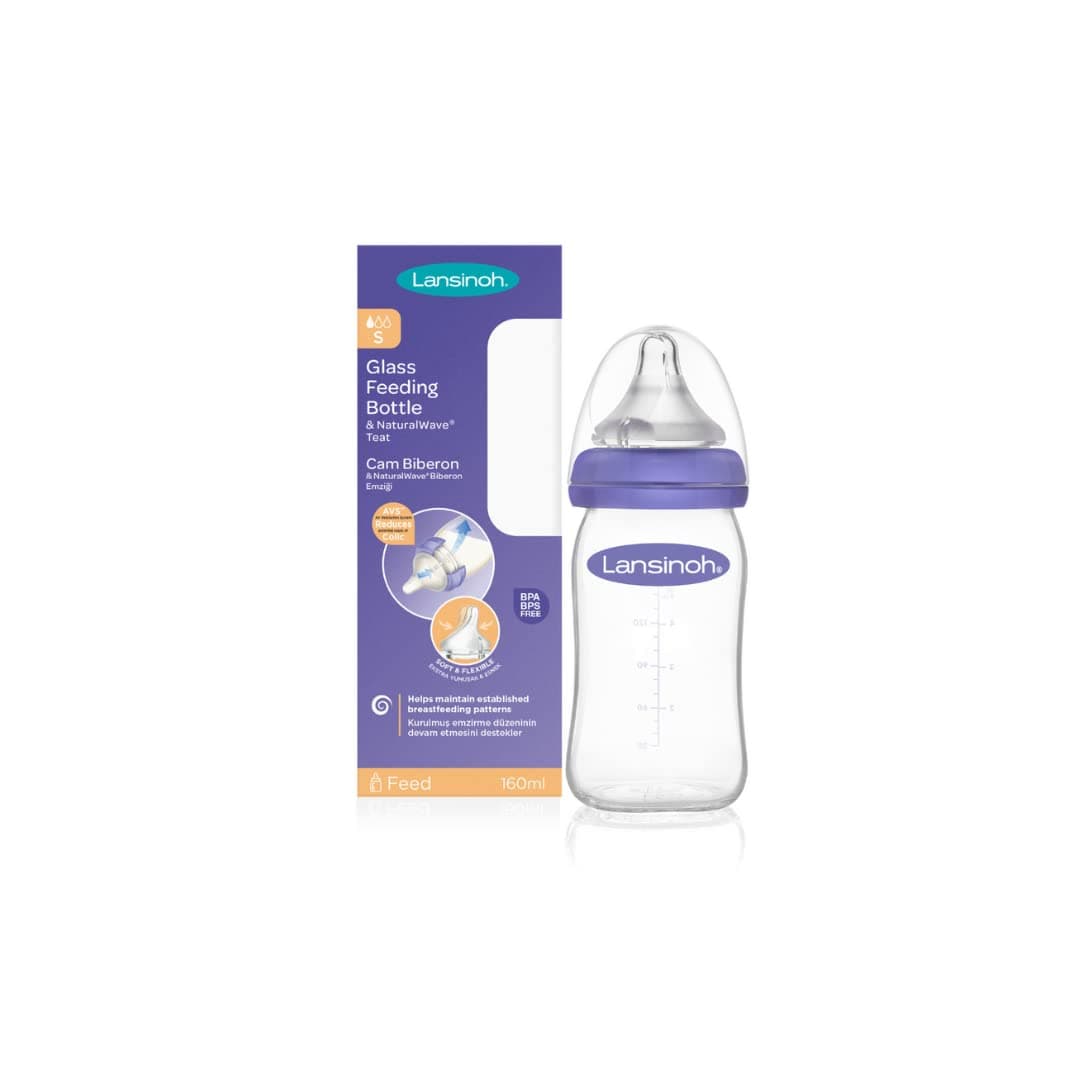 Lansinoh Glass Baby Bottle with NaturalWave Teat (160 ml), Anti-colic, Premium heat & thermal shock-resistant glass, Slow Flow soft & flexible silicone teat, teats are BPA & BPS free, purple