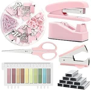 Yelajoy Pink Office Stapler Set - 6-Piece Desk Organizer with Tape Dispenser, Scissors & Accessories | Gift for Women, Students & Coworkers