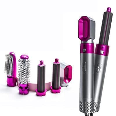 Professional Hair Dryer, Hot hair cutlet tools set Curler Tool Set –5 in 1 Multi-Function Hair Styler for Drying, Curling, Straightening, Volumizing, and Smoothing, Pink and Grey
