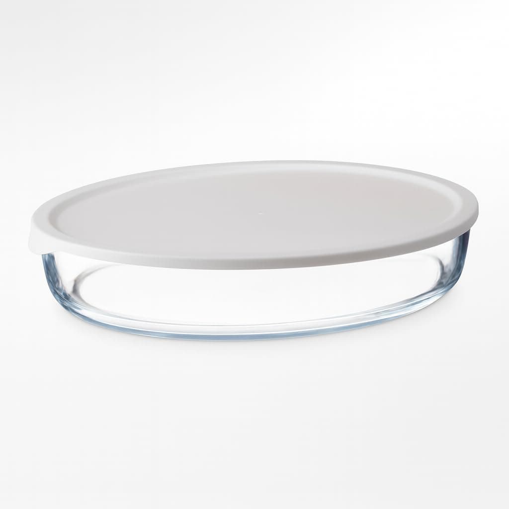 Oval Shape Heat Resistant Glass Oven Trays with White Plastic Lid | Oven, Microwave, Dishwasher Safe | Multipurpose Trays for Cooking and Serving (Transparent, 2.4L)
