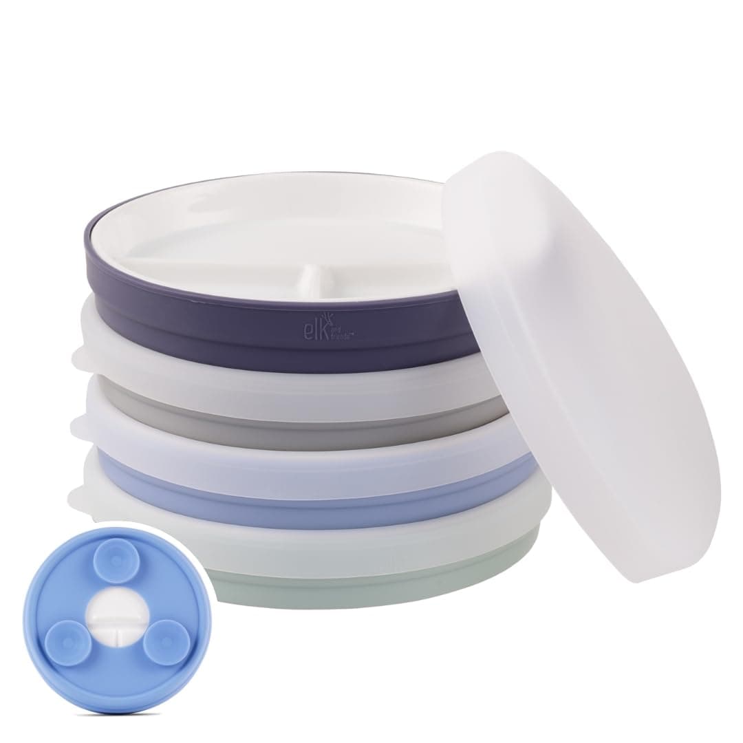 Elk and Friends Kids 6.7” Porcelain White Divided Plates with Silicone Suction Sleeves + Lids| Suitable for Babies/Toddlers | Microwave & Dishwasher Safe | Stay Put Dinnerware | Snack Dishes | 4 Pack