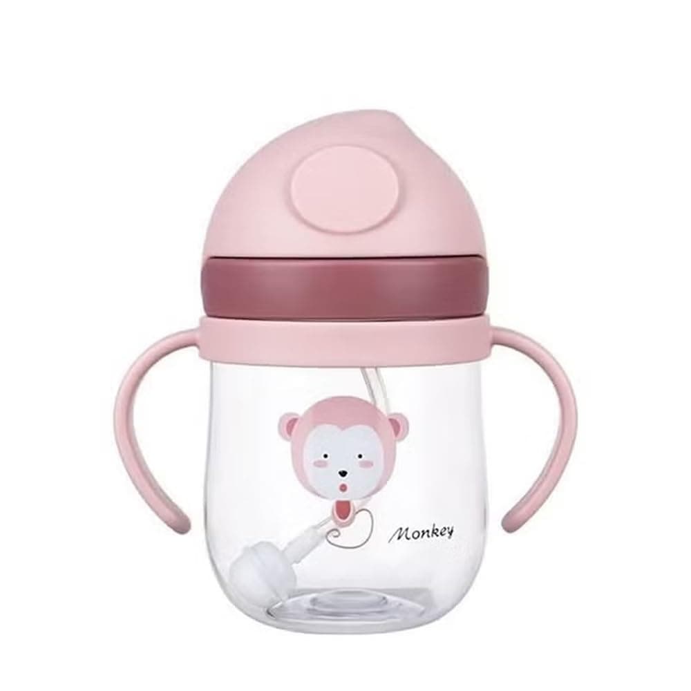 Children's Water Bottle with Straw and Handles, BPA-Free Plastic Cup with Gravity Ball, 250ml, Pink