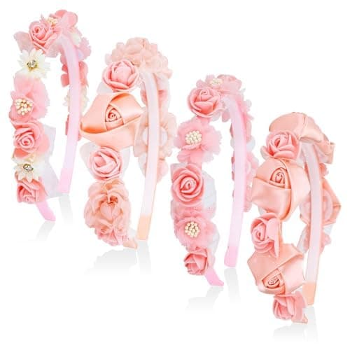 4 Pcs Sweet Pink Flower Headbands for Girls, Floral Hair Bands with Chiffon Satin for Toddlers Kids Teens - Birthday Party Hair Accessories