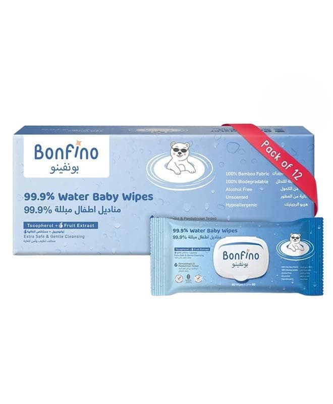 Bonfino Hypoallergenic 99.9% Water Baby Wipes, Alcohol & Fragrance-Free, Biodegradable Bamboo, Pack of 12-720 Pieces