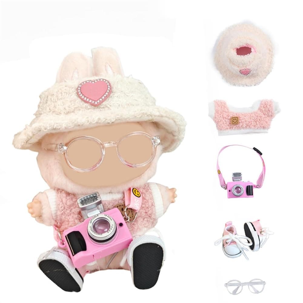 Clothes for Labubu, AZONEE 5 Set 17cm Doll Outfit Accessories, Includes Light Pink Heart-Shaped Velvet Hat, Small Camera, Glasses, Canvas Shoes, No Doll Included