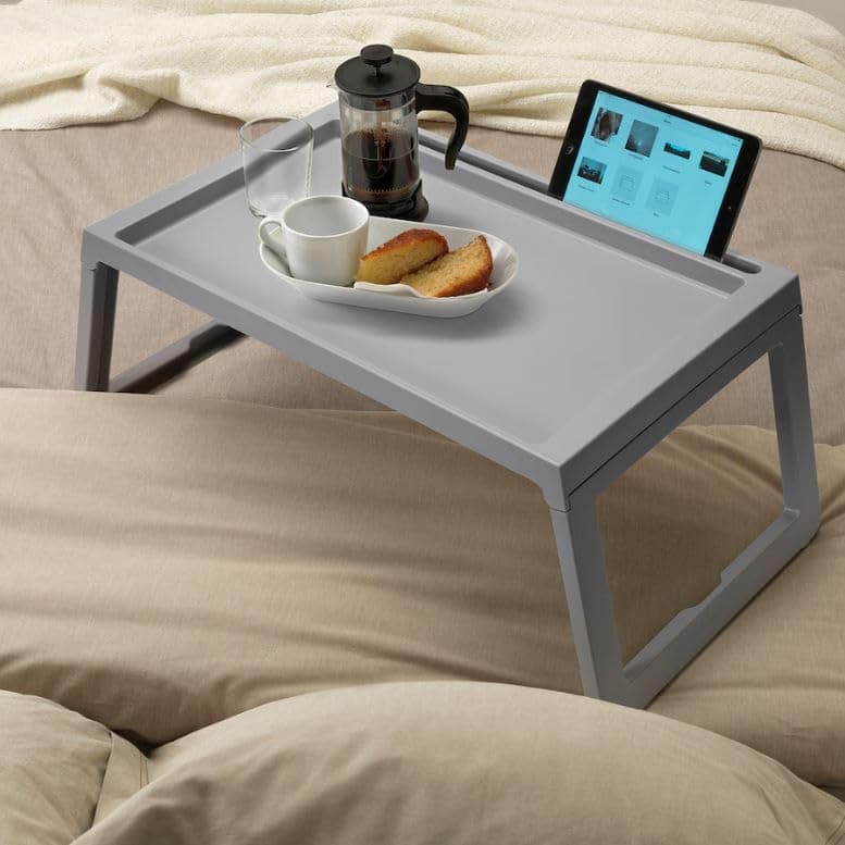 Bed tray, Breakfast Foldable Tray, Reading Stand for Sofa Folding Plastic Service Table with Cup Holder Laptop White (Grey)