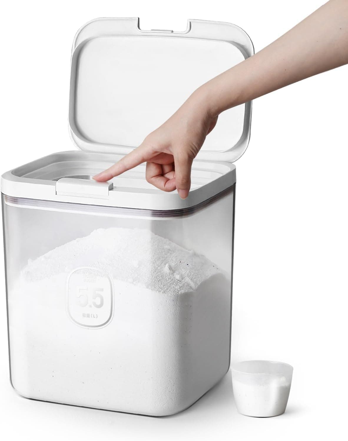 Laundry Detergent Dispenser with One-Press Lid, Clear PET Laundry Powder Container with Measuring Cup, Holds 5.5L/12Lbs/200oz (270 Pods) – Perfect for Laundry Room Organization