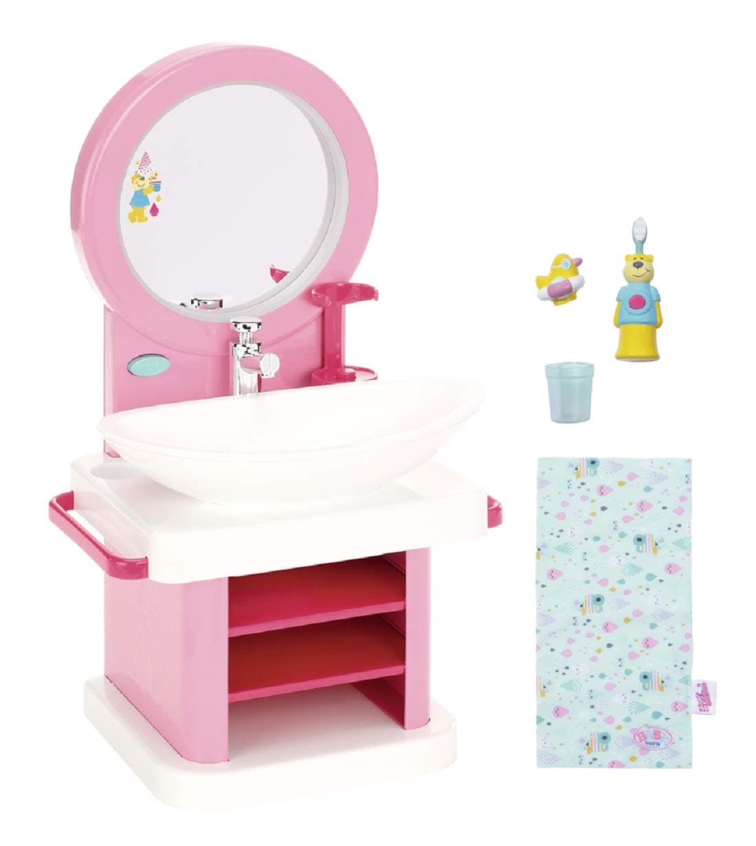 BABY born Bath Toothcare Spa Red, Light-Up Sink, Toothbrush, Mug, Towel, Pretend Play Washing Station for Dolls, Interactive Accessory Set for Fun Bathroom Routine Roleplay