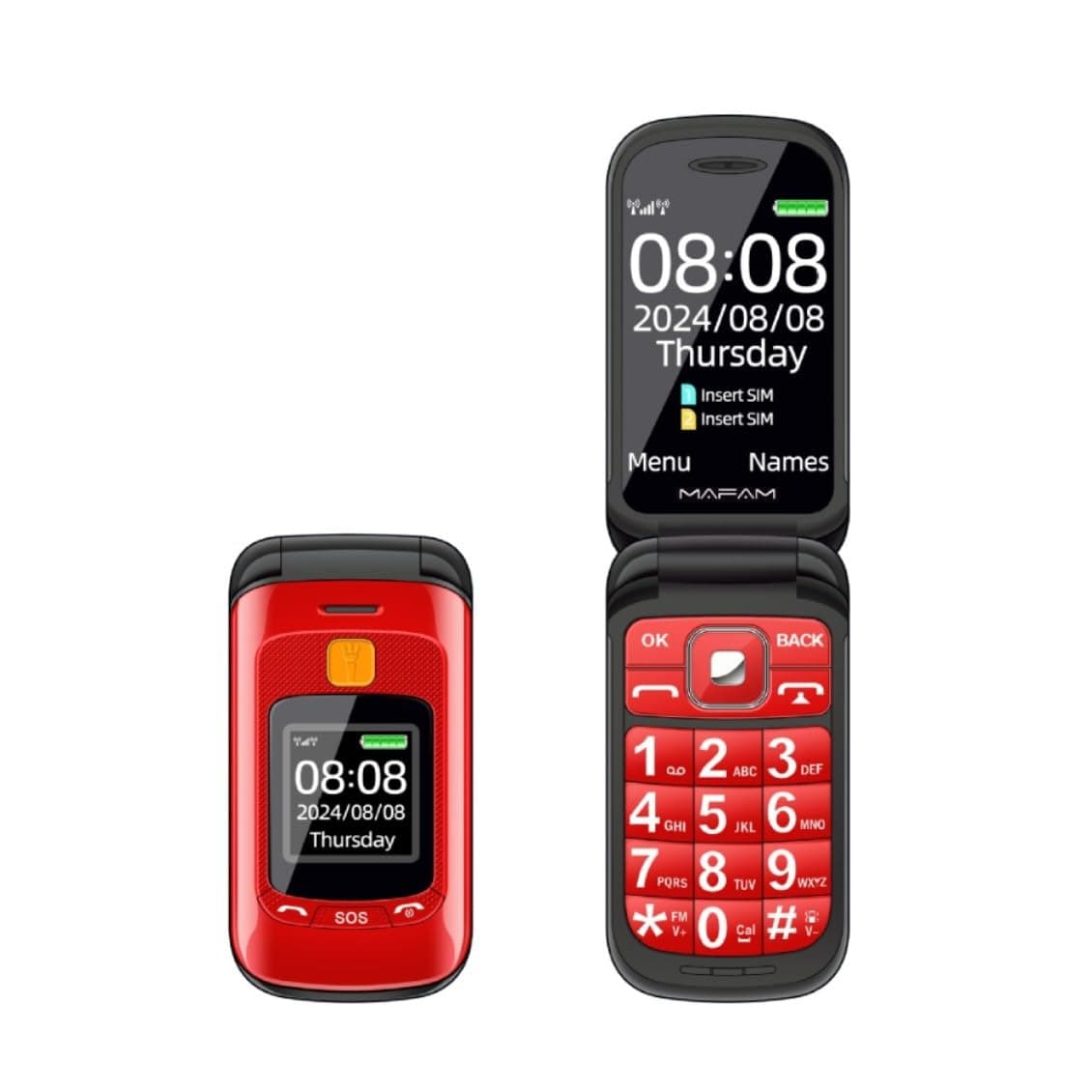 Flip Phone, Arabic Supported, 2.4 inch HD Display, SOS and Time Broadcast Button, Talking Numbers, FM radio, Flashlight, Flip Phone for Seniors and Kids 2025 (Red)