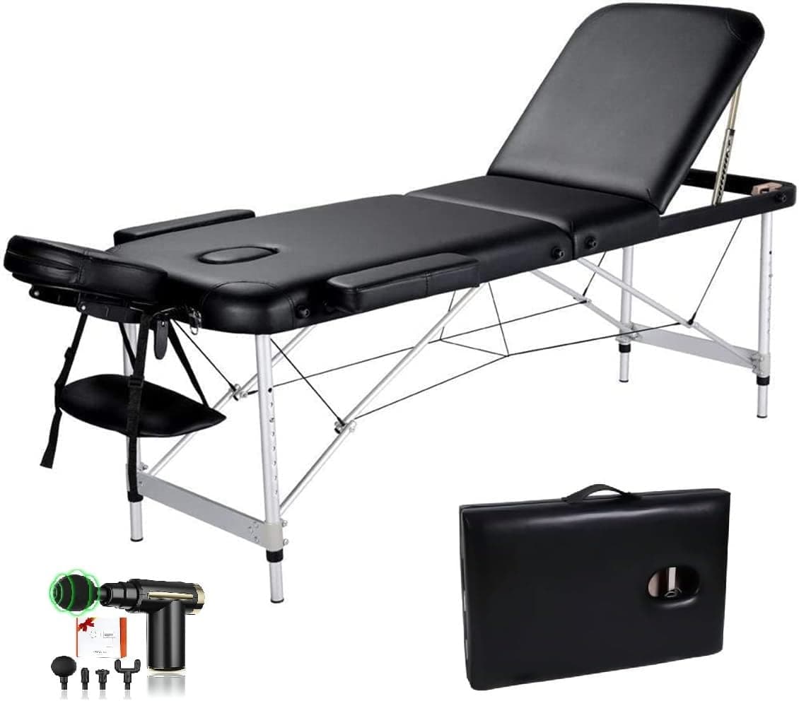 RelaxSmart Portable Massage Bed/Portable Massage Bed/Adjustable Elevated Massage Table/Twice Foldable, Health Care Bed/Health Care Bed with Facial Placement/Black with Massage Gun Gift