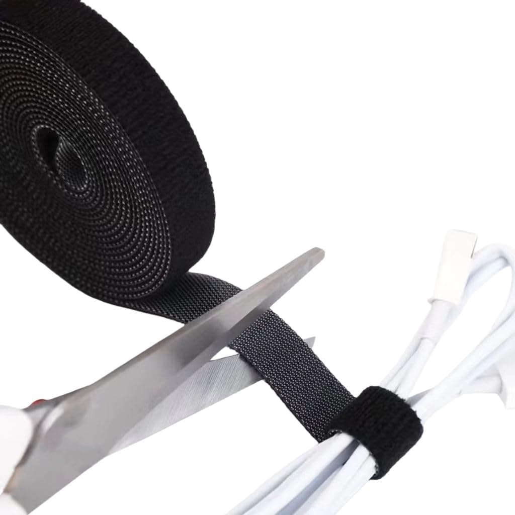5M Self-Adhesive Hook and Loop Cable Ties - Reusable Wire Organizer Straps, Cuttable Cable Management Tool for Desks/Cars/Households (Black, 1pc)