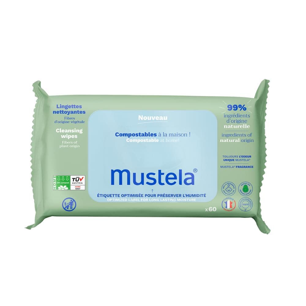 Mustela Baby Home Compostable Cleansing Wipes with Natural Avocado - face, hands or diaper area, from birth on - Made with Compostable & Plastic Free Fibers - Mustela’s Unique Scent - 60 units (New)