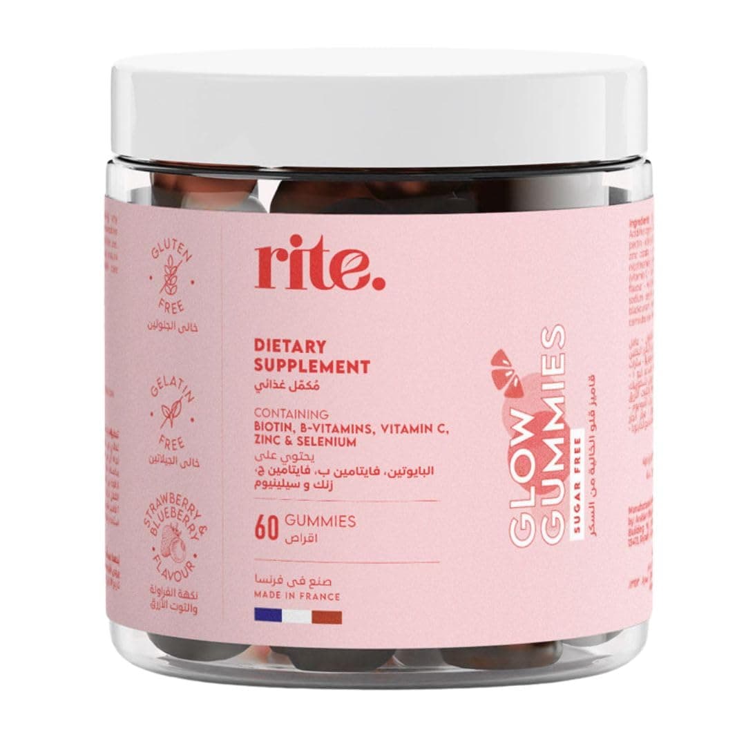 Rite Glow Vitamin Gummies, For hair, skin, nails, Biotin, Co-enzyme Q10, Vitamin B3, Vitamin C, Selenium, Zinc, Sugar Free, Vegan, Strawberry & Blueberry Flavour (1-month supply)