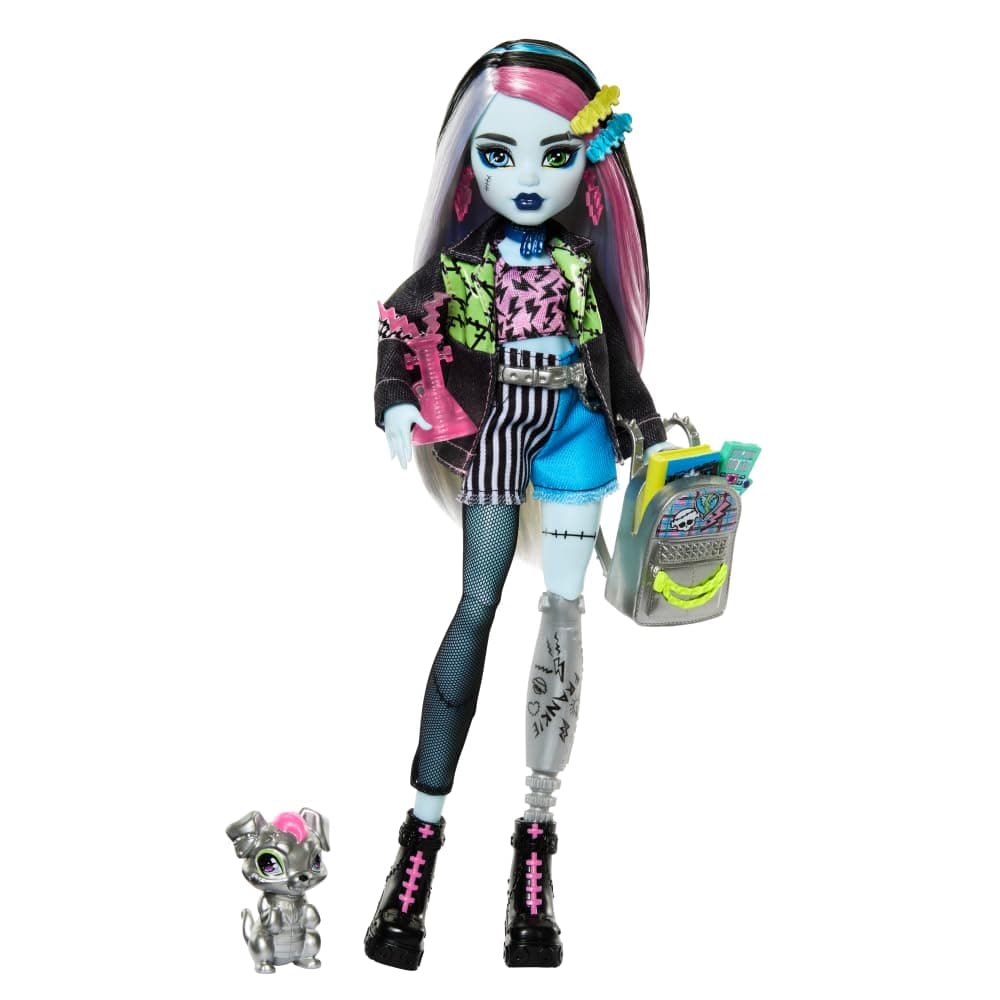 Monster High Frankie Stein Doll in Denim Jacket and Shorts, Includes Pet Dog Watzie and Accessories like a Backpack, Snack and Notebook, HXH73 | Frankenmonster in Denim Jacket and Shorts with Watzie Dog and Accessories as Backpack, Snacks and Notebook, HXH73