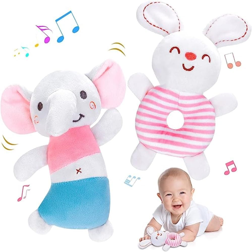 Joyzzz Baby Rattle Toys, 2PCS Soft Plush Sensory Toys for 0-6 Months Newborn, Cute Animal Rattles with Gentle Sound, Perfect Infant Shower Gift and Early Learning Toy