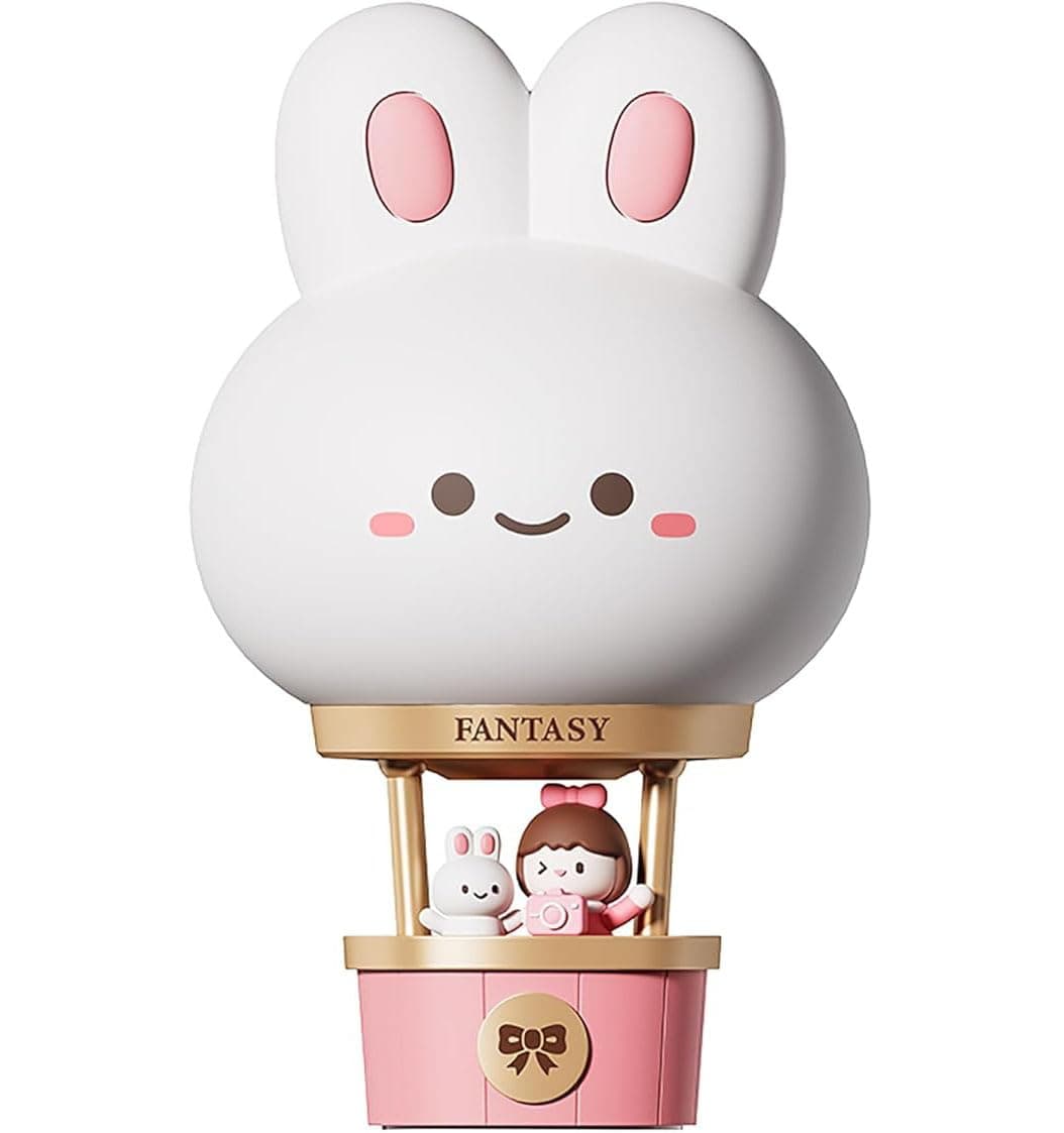 Tazweeq Cute Bunny Hot Air Balloon Rechargeable Night Light, Safe Soft Silicone Material, Tap Control 3 Brightness Levels, Warm Light Toddler Sleeping Lamp, Bedroom Night Lamp, Gift for Baby Kid