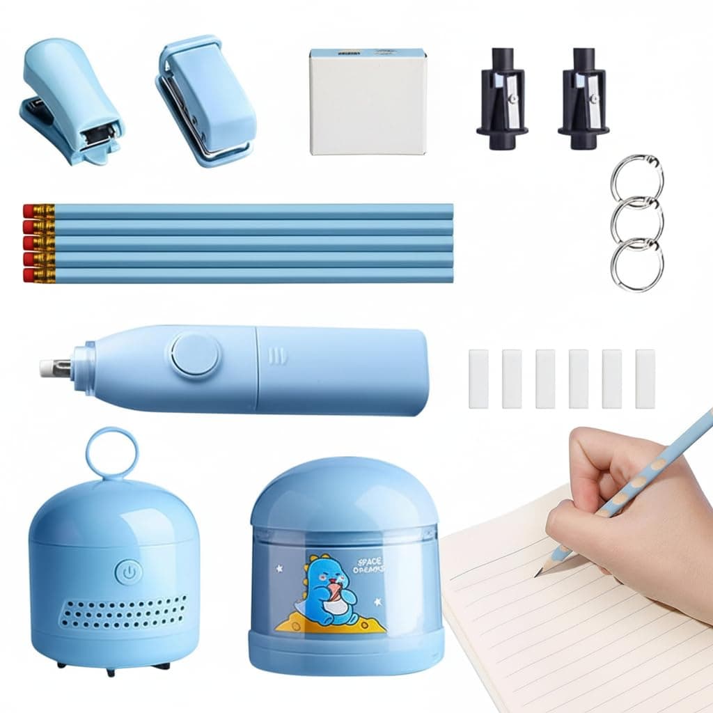 NALACAL Electric Stationery Set, Automatic Pencil Sharpener and Desktop Vacuum Cleaner, Electronic Stationery for Kids, Boys, Students, Artists, Professionals, Blue