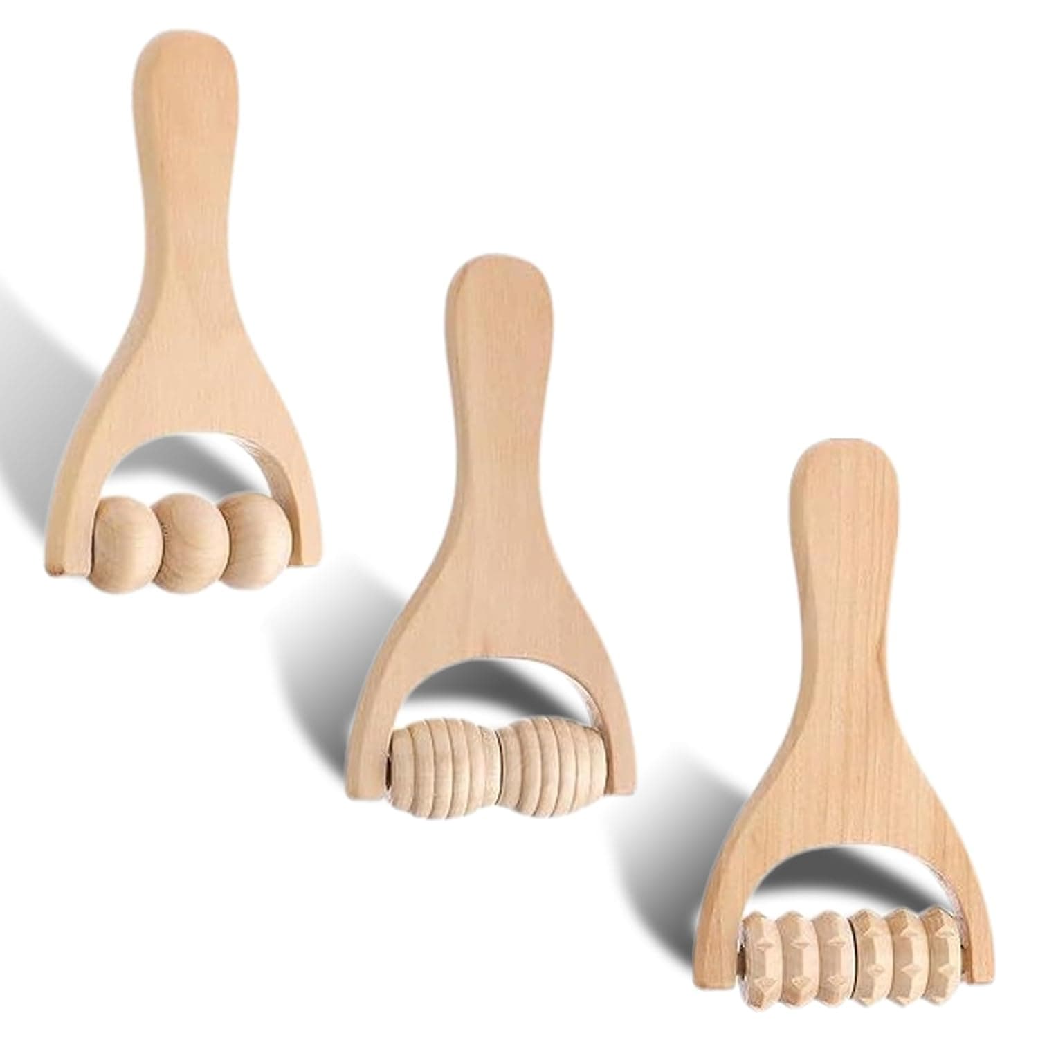 MAEXUS Wooden Massage Roller Set, Massage Roller with Handle, Fascia Roller, Wooden Massage Roller for Back Muscles, Wood Trigger Point, Fascia Roller Mini, for Muscle Relaxation, Massage of Back,