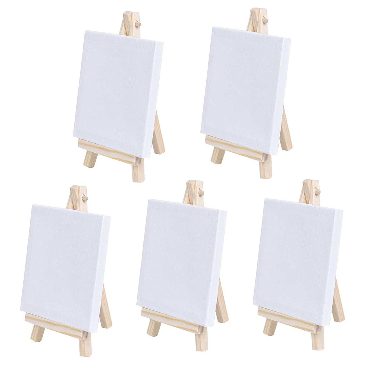 Pack of 5 Mini Easels, L10 x W10 cm Mini Easel Wood with Canvas, Small Table Easel, Wooden Stand Tripod for Drawing, Canvas Painting with Oil, Watercolours, Table Decoration & Crafts
